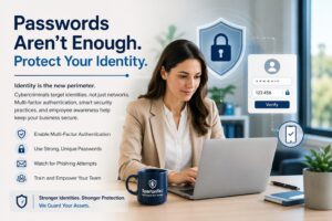 Business professional using multi-factor authentication to protect company accounts from cyber threats.