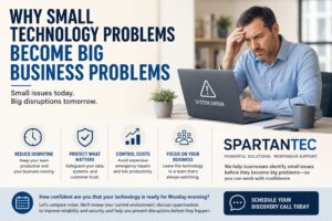 Business professional reviewing a computer warning before it becomes a larger business interruption.