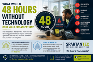 Technology downtime and business continuity planning showing the potential impact of a 48-hour IT outage on employees, operations, revenue, and recovery.