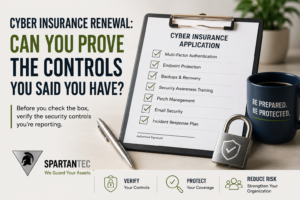 Cyber insurance renewal checklist showing security controls to verify, including MFA, endpoint protection, backups, security awareness training, patch management, email security, and incident response.