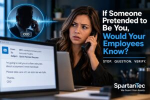 Employee receiving a convincing CEO impersonation phone call as part of a business social engineering scam.
