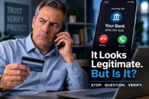 Business owner questioning a convincing bank impersonation call as part of cybersecurity awareness.